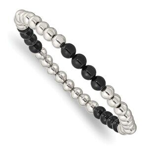 Stainless Steel Polished 6mm Black Onyx Beaded Stretch Bracelet